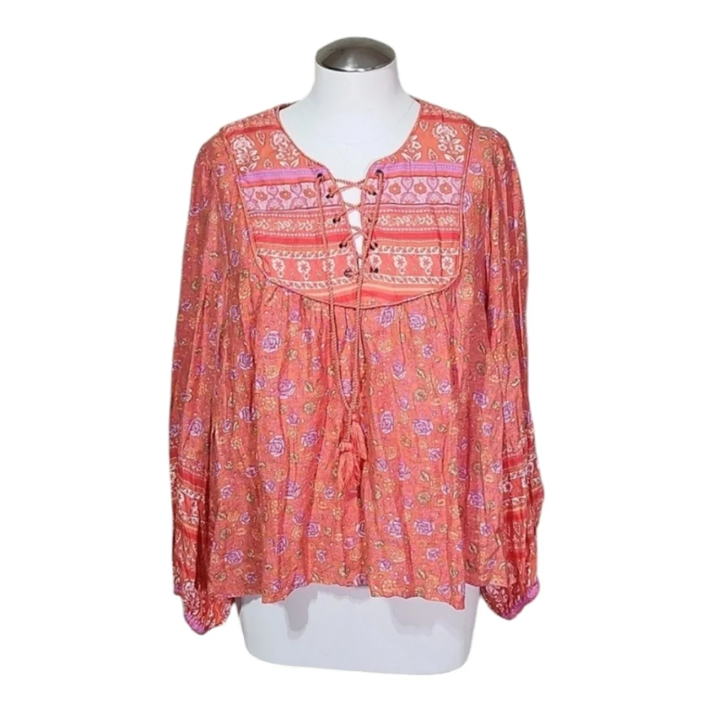 Lucky Brand Boho Peasant Top Orange Floral Embroidered Lace-Up Tassel Blouse